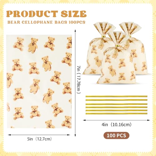 Docvania Bear Cellophane Treat Bags Plastic Gift Bag 100 pcs 5 X 7 Bear Cookie Bags with Ties Goodie Candy Bag Suitable for Mother's Day, Valentine's Day, and Holiday Parties - Image 2