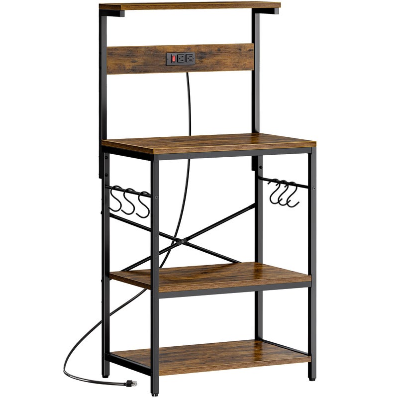 SUPERJARE SUPERJARE Kitchen Bakers Rack with Power Outlet Coffee Bar Table 4 Tiers Kitchen Microwave Stand with 6 Sshaped Hooks Storage Shelf Rack for Spices Pots and Pans  Rustic Brown 
