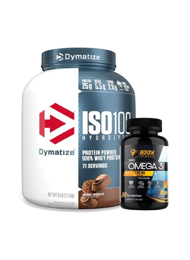 ISO 100 Isolated Whey Protein and Body Builder Omega 3-30 Veggie capsule, 25g of Protein, 5.5g BCAAs- Gourmet Chocolate, 5 lban