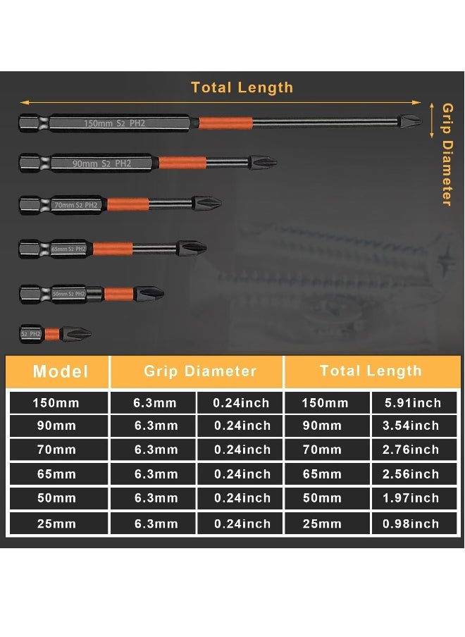 Generic - Screwdriver Bit 6Pcs Magnetic Screwdriver Driver Bits Set 25-150mm Long Impact Phillips Screwdriver Bit Non-Slip Drill Head Bits Screw Extractor Cross Slot Screwdriver for Power Screwdriver Black - Image 1
