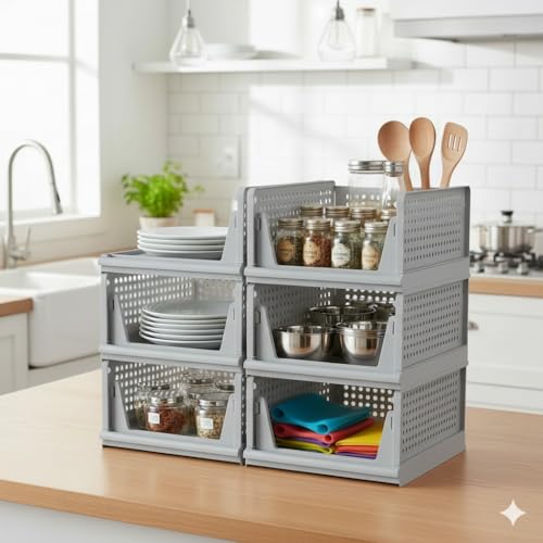 DecoLogy Clothes Organizer for Wardrobe Cupboard Organizer for Clothes Foldable and Stackable Closet Organizer Drawer Organizer for Clothes Multi Purpose Plastic Shirts Tops (5PCS-Large, Grey) - Image 1