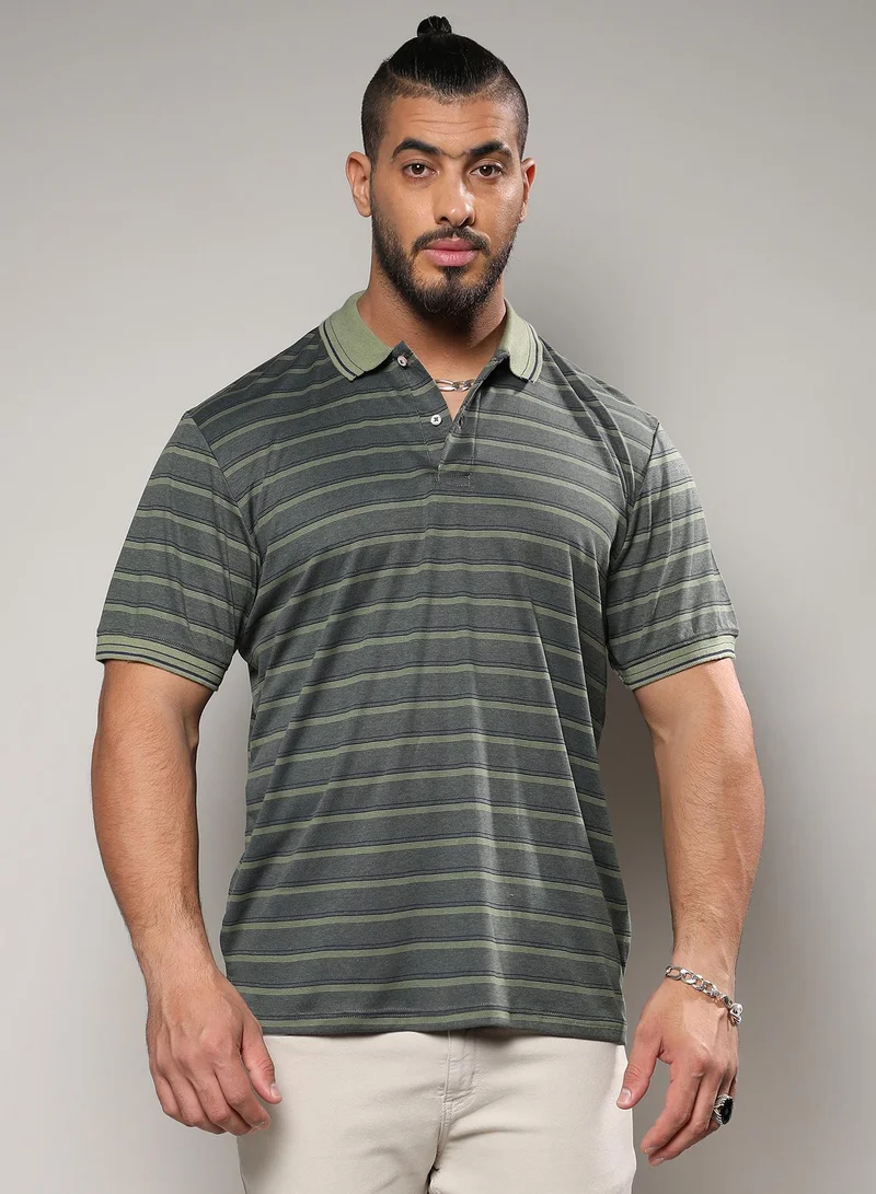 انستافاب بلس Men's Charcoal Black Shadow Striped T-Shirt For Casual Wear | Polo Neck | Short Sleeve | Half-Button Closure | T-Shirt Crafted With Comfort Fit For Everyday Wear