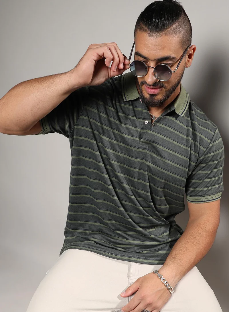 انستافاب بلس Men's Charcoal Black Shadow Striped T-Shirt For Casual Wear | Polo Neck | Short Sleeve | Half-Button Closure | T-Shirt Crafted With Comfort Fit For Everyday Wear