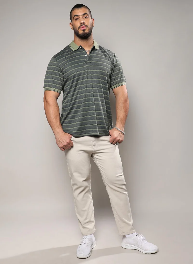 Instafab Plus  Men's Charcoal Black Shadow Striped T-Shirt For Casual Wear | Polo Neck | Short Sleeve | Half-Button Closure | T-Shirt Crafted With Comfort Fit For Everyday Wear for Men | Best Price UAE
