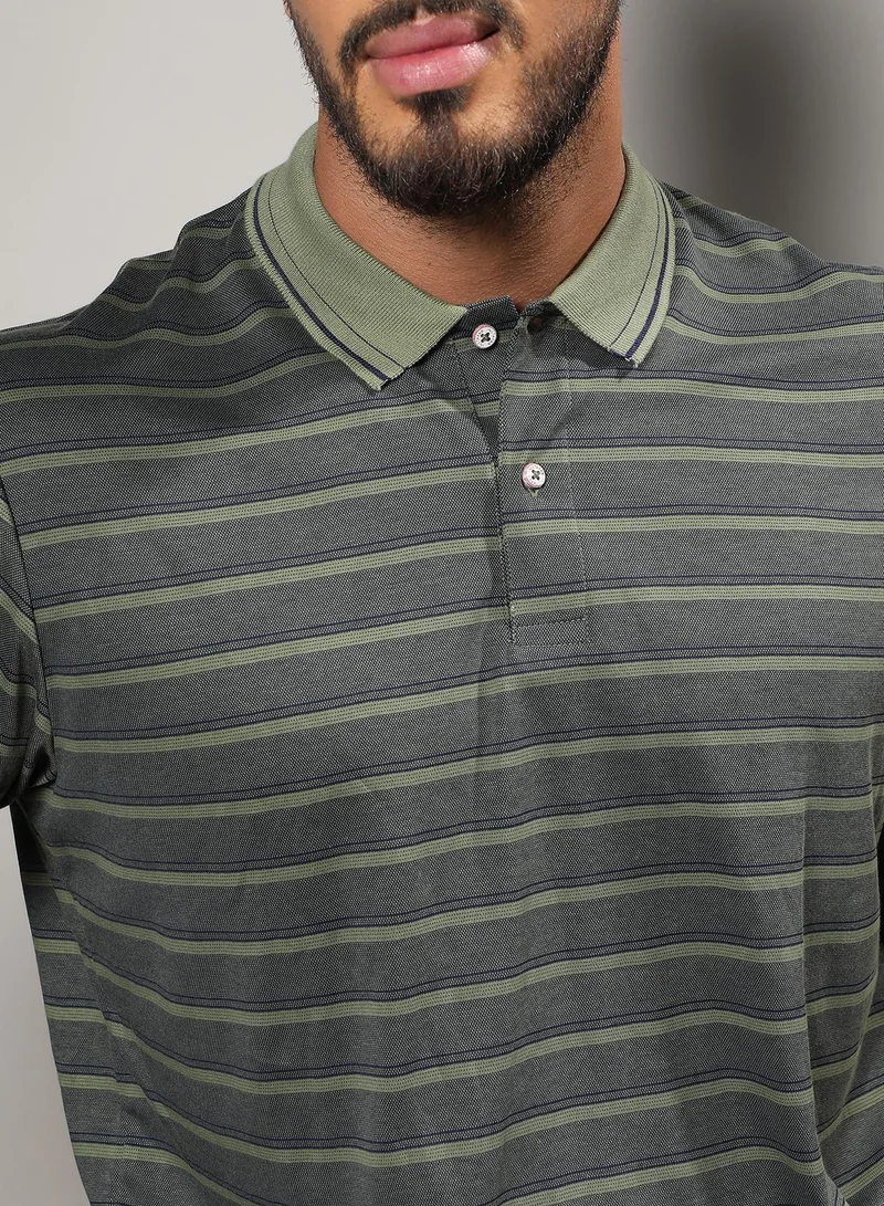 Instafab Plus  Men's Charcoal Black Shadow Striped T-Shirt For Casual Wear | Polo Neck | Short Sleeve | Half-Button Closure | T-Shirt Crafted With Comfort Fit For Everyday Wear for Men | Best Price UAE