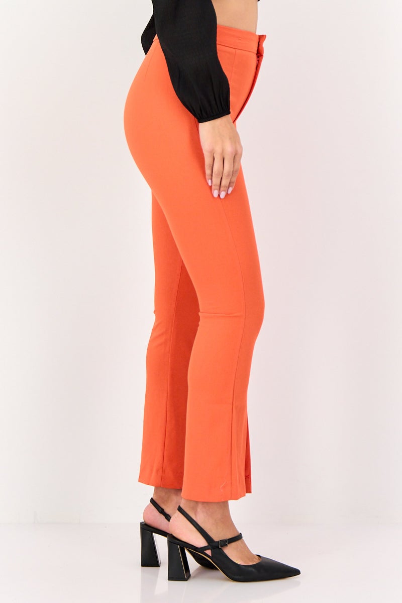 Bershka Women Regular Fit Solid Flared Pants, Dark Orange - Image 3