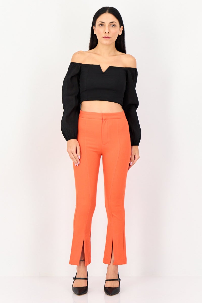 Bershka Women Regular Fit Solid Flared Pants, Dark Orange - Image 2