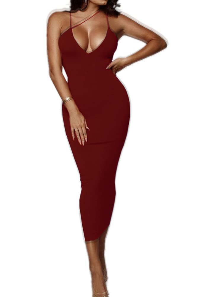 PRIMODA Women's Sexy Neon Asymmetrical Spaghetti Strap Dress Deep V-Neck Sleeveless Bodycon Midi Club Dress (Burgundy,S) - Image 1