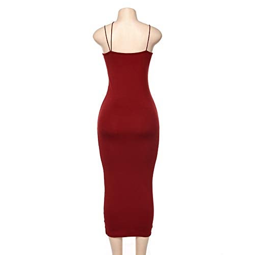 PRIMODA Women's Sexy Neon Asymmetrical Spaghetti Strap Dress Deep V-Neck Sleeveless Bodycon Midi Club Dress (Burgundy,S) - Image 5