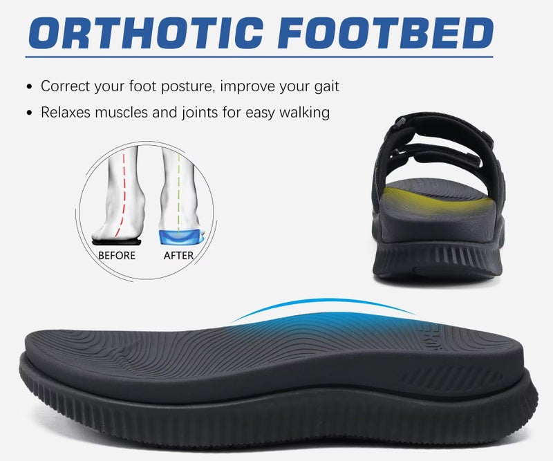 KuaiLu Mens Walking Slide Sandals Orthotic Athletic Thick Cushion Recovery Sport Sandles Adjustable Strap Open Toe Slip On Yoga Mat Slippers Comfortable Plantar Fasciitis Arch Support Black Size 10 - Image 3