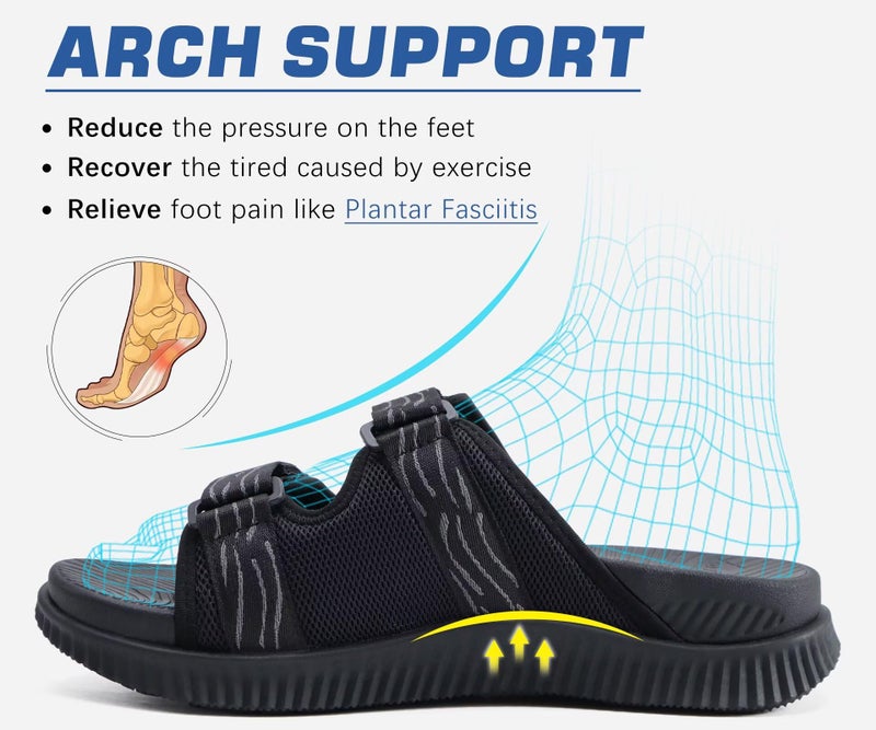 KuaiLu Mens Walking Slide Sandals Orthotic Athletic Thick Cushion Recovery Sport Sandles Adjustable Strap Open Toe Slip On Yoga Mat Slippers Comfortable Plantar Fasciitis Arch Support Black Size 10 - Image 4