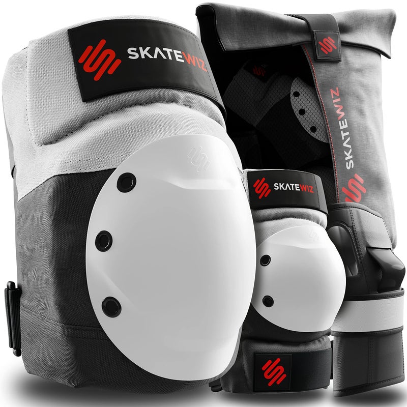 SKATEWIZ وسادات ركوب الدراجات البخارية للبالغين من SKATEWIZ - وسادات للركبة والمرفقين للنساء [6 قطع] بحجم ML باللون الرمادي والأبيض - مجموعة وسادات المرفقين وحراس المعصم - معدات الحماية للبالغين - دراجات بخارية لوح التزلج للشباب - Image 1