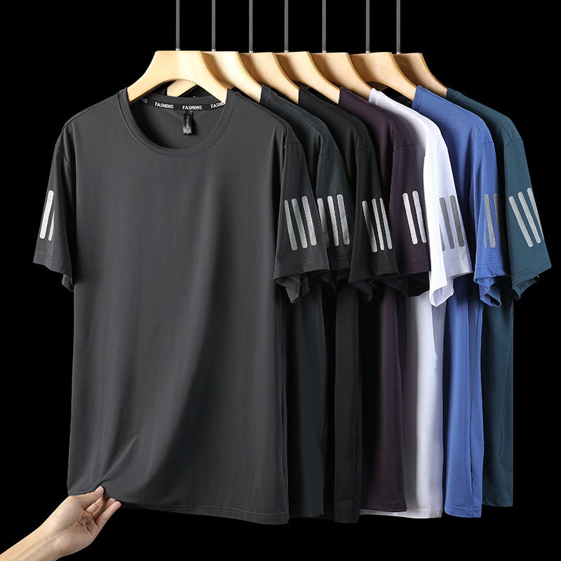 Generic Summer Ice Silk T-Shirt Mens Breathable Quick-Dry Sport Tee fog blue  - Image 5