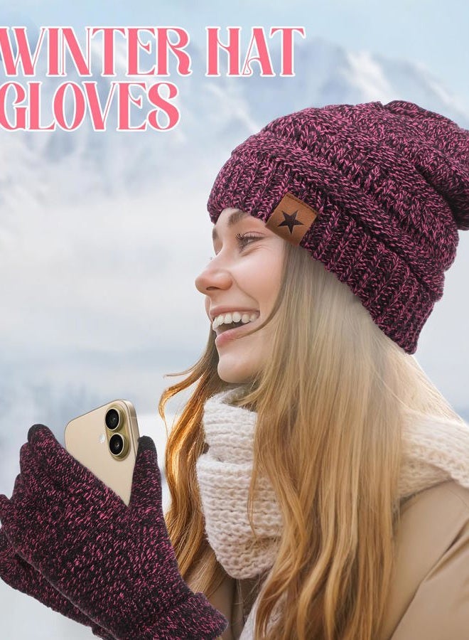 JaGely 8 Pieces Women Winter Hats and Gloves Set Women Warm Touchscreen Knitted Lined Gloves Winter Beanies, Navy Blue, Wine Red, Mixed Black White,mixed Khaki, One size - Image 5