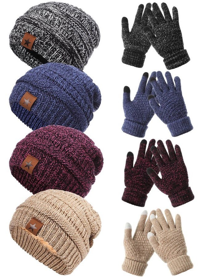 JaGely 8 Pieces Women Winter Hats and Gloves Set Women Warm Touchscreen Knitted Lined Gloves Winter Beanies, Navy Blue, Wine Red, Mixed Black White,mixed Khaki, One size - Image 1