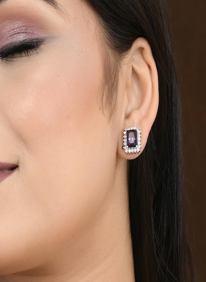 Voylla Sparkling Elegance Purple American Diamond Studs Earrings, Studs Earrings For Women, American Diamond Earrings For Women, Gift For Her, Gift For Sister - Image 3