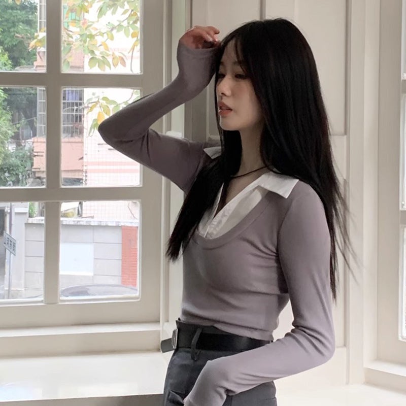 Pure Girl Style Fake Two-Piece Short Long-Sleeved T-Shirt Women'S Autumn Design Stitching Temperament Simple Shirt Top - Image 4