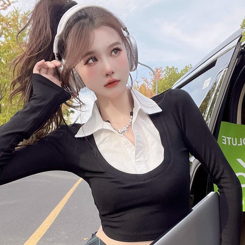 Pure Girl Style Fake Two-Piece Short Long-Sleeved T-Shirt Women'S Autumn Design Stitching Temperament Simple Shirt Top - Image 2