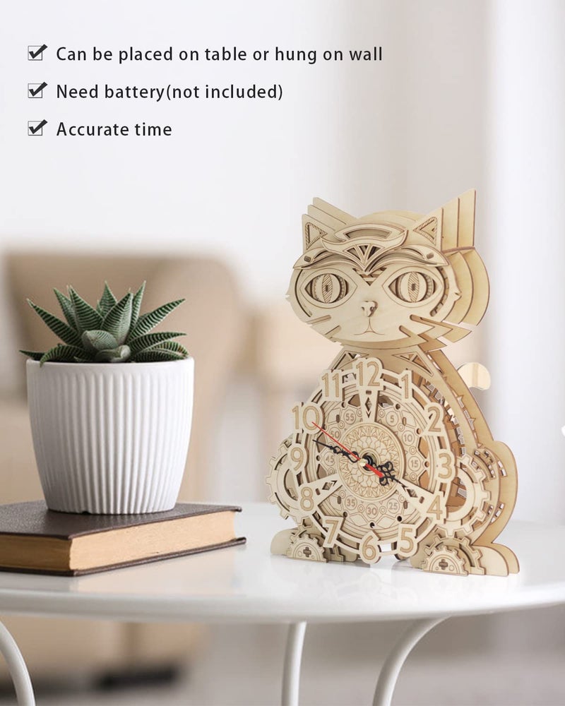 Jigtoy 3D Puzzles for Adults Model kit Cat Clock Kids Wooden Desk Clock Decor for Birthday Gift/Christmas Day - Image 5