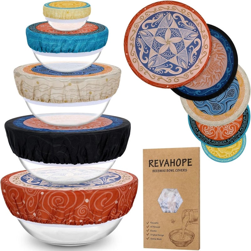 Revahope 5-Size Reusable Beeswax Bowl Covers for Bread Proofing, Cotton Cloth Flexible Beeswax Wraps for Food Storage(Concentric Circle) - Image 1