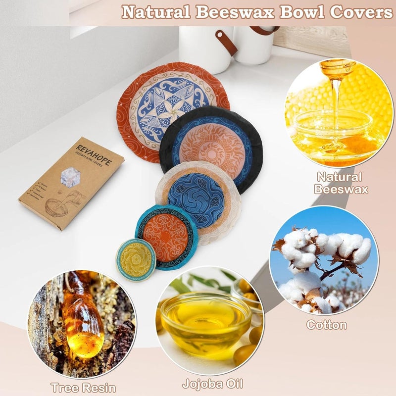 Revahope 5-Size Reusable Beeswax Bowl Covers for Bread Proofing, Cotton Cloth Flexible Beeswax Wraps for Food Storage(Concentric Circle) - Image 3