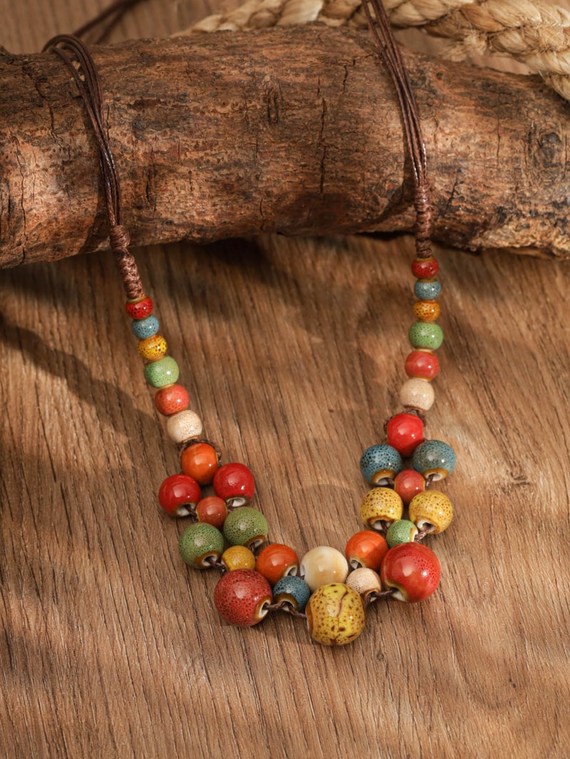 MINACHI Hippie Boho Colorful Ceramic Round Spherical Bead Necklace, Bohemian Jewelry Gifts for Women (1) - Image 3
