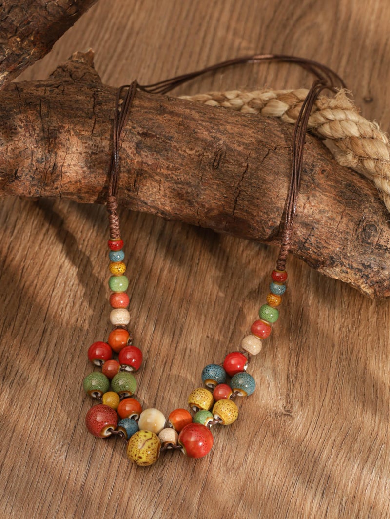MINACHI Hippie Boho Colorful Ceramic Round Spherical Bead Necklace, Bohemian Jewelry Gifts for Women (1) - Image 2