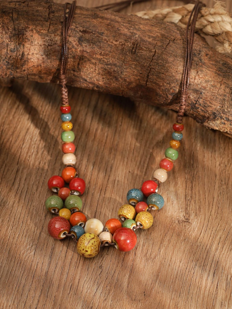 MINACHI Hippie Boho Colorful Ceramic Round Spherical Bead Necklace, Bohemian Jewelry Gifts for Women (1) - Image 4