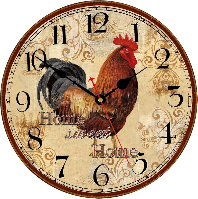 TAHEAT 12 Inch Rooster Wall Clock Home Sweet Home Farmhouse Decor Red Vintage Chicken Battery Operated Wall Clocks for KitchenBedroomDining RoomOffice