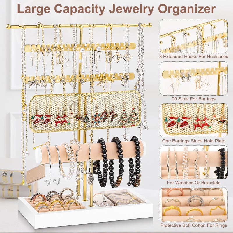 Dntorx 3 Tier Jewelry Stand Holder Organizer, Jewelry Holder Storage Display T Bar Beige Velvet Bracelet Holder Jewelry Tower for Necklace, Earrings, Bracelet, Rings, Watches - Image 3