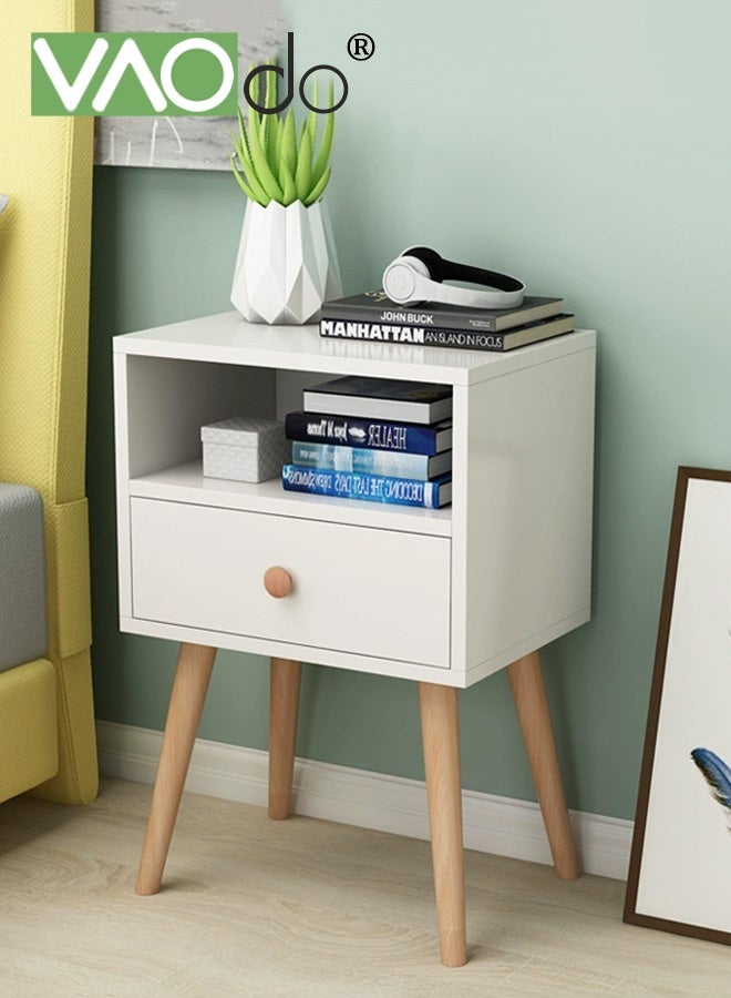 فاو دو طاولة سرير جانبية مع درج ورف مفتوح، طاولة سرير جانبية عصرية بأرجل خشبية صلبة، طاولة جانبية شمالية، طاولة جانبية بسيطة، سهلة التركيب لغرفة النوم غرفة المعيشة مساحة صغيرة - Image 1