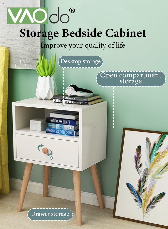 فاو دو طاولة سرير جانبية مع درج ورف مفتوح، طاولة سرير جانبية عصرية بأرجل خشبية صلبة، طاولة جانبية شمالية، طاولة جانبية بسيطة، سهلة التركيب لغرفة النوم غرفة المعيشة مساحة صغيرة - Image 2