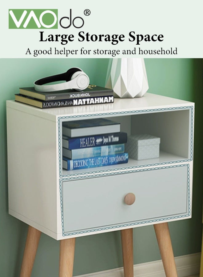 فاو دو طاولة سرير جانبية مع درج ورف مفتوح، طاولة سرير جانبية عصرية بأرجل خشبية صلبة، طاولة جانبية شمالية، طاولة جانبية بسيطة، سهلة التركيب لغرفة النوم غرفة المعيشة مساحة صغيرة - Image 4