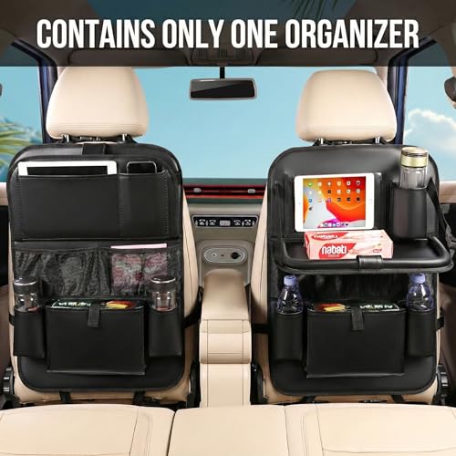 MONKONAR Leather Car Backseat Organizer with Tablet Holder 9 Large Storage Pockets Foldable Food Tray AntiScratch Kick Mats Universal Car Seat Protector for Kids Pets Travel Accessories 1 Pack - Image 3