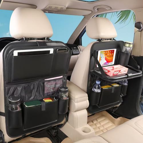 MONKONAR Leather Car Backseat Organizer with Tablet Holder 9 Large Storage Pockets Foldable Food Tray AntiScratch Kick Mats Universal Car Seat Protector for Kids Pets Travel Accessories 1 Pack - Image 1