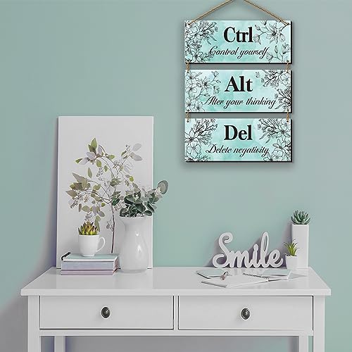 ZINYAZHE 3 Pieces Teal Wall Decor for Girl's Room Turquoise Bathroom Decor Farmhouse Wooden Inspirational Office Decor with Positive Quotes Ctrl Alt Del for Girl Women Bedroom Living Room(Teal) - Image 2