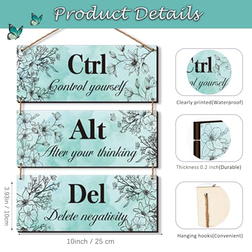 ZINYAZHE 3 Pieces Teal Wall Decor for Girl's Room Turquoise Bathroom Decor Farmhouse Wooden Inspirational Office Decor with Positive Quotes Ctrl Alt Del for Girl Women Bedroom Living Room(Teal) - Image 3