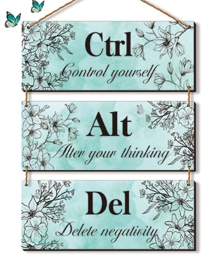 ZINYAZHE 3 Pieces Teal Wall Decor for Girl's Room Turquoise Bathroom Decor Farmhouse Wooden Inspirational Office Decor with Positive Quotes Ctrl Alt Del for Girl Women Bedroom Living Room(Teal) - Image 1