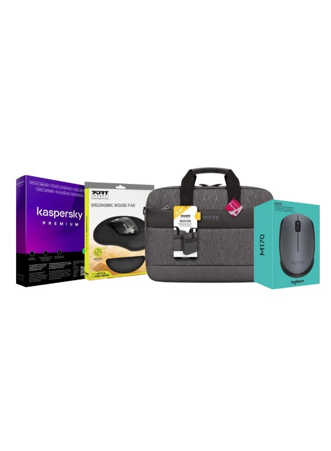 Logitech Wireless Mouse M170 + Kaspersky Premium 3 Device 1 Year + Port Boston Bag 13"/14" Black + MOUSEPAD ERGONOMIC GEL | Grey - Image 1