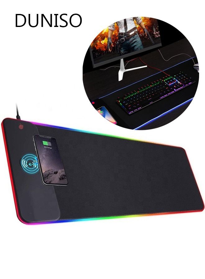DUNISO Wireless Charging RGB Gaming Mouse Pad 15W LED Mouse Mat 800x300x4MM 7 Light Modes Extra Large Mousepad Non-Slip Rubber Base Computer Keyboard Mat for Gaming MacBook, PC, Laptop Desk - Image 1
