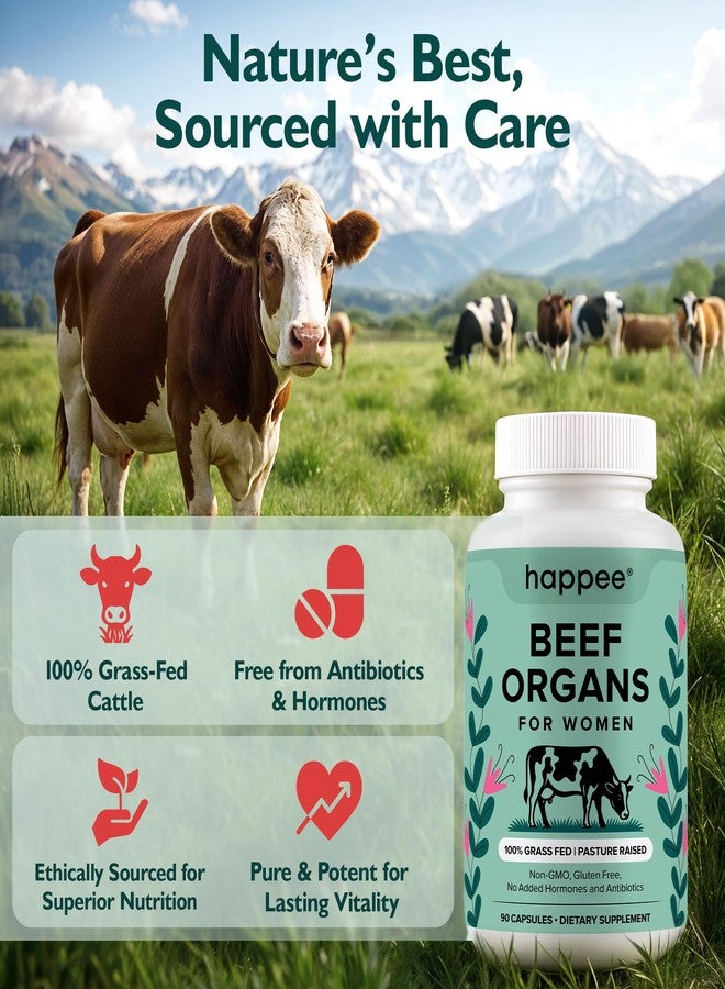 Happee Grass Fed Beef Organ Supplement for Women - Beef Liver, Heart, Kidney, Ovary & Uterus Blend - Hormone Balance, Energy & Cycle Support - 90 Capsules - Image 4