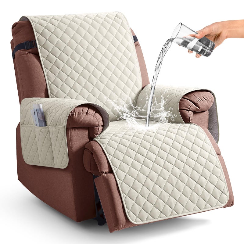 KinCam 100% Waterproof Recliner Chair Cover, Reclining Couch Covers for Pets, Dogs, Recliner Couch Slipcover Furniture Protector with Elastic Straps for Kids(23.6", Ivory) - Image 1
