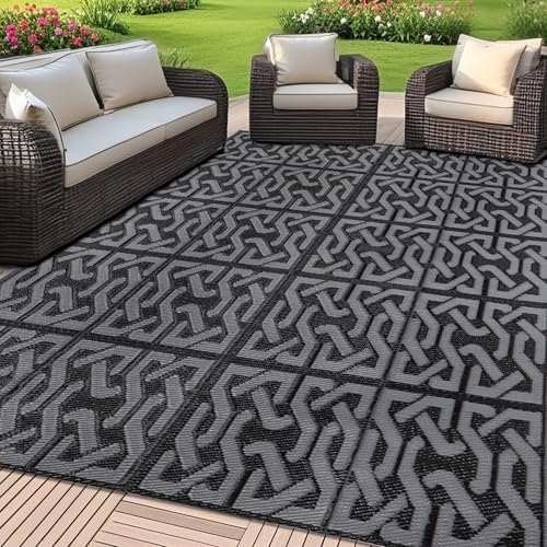 SAND MINE Reversible Mats Plastic Straw Rug Modern Area Rug Large Floor Mat and Rug for Outdoors RV Patio Backyard Deck Picnic Beach Trailer Camping 5 x 8 Black  Grey