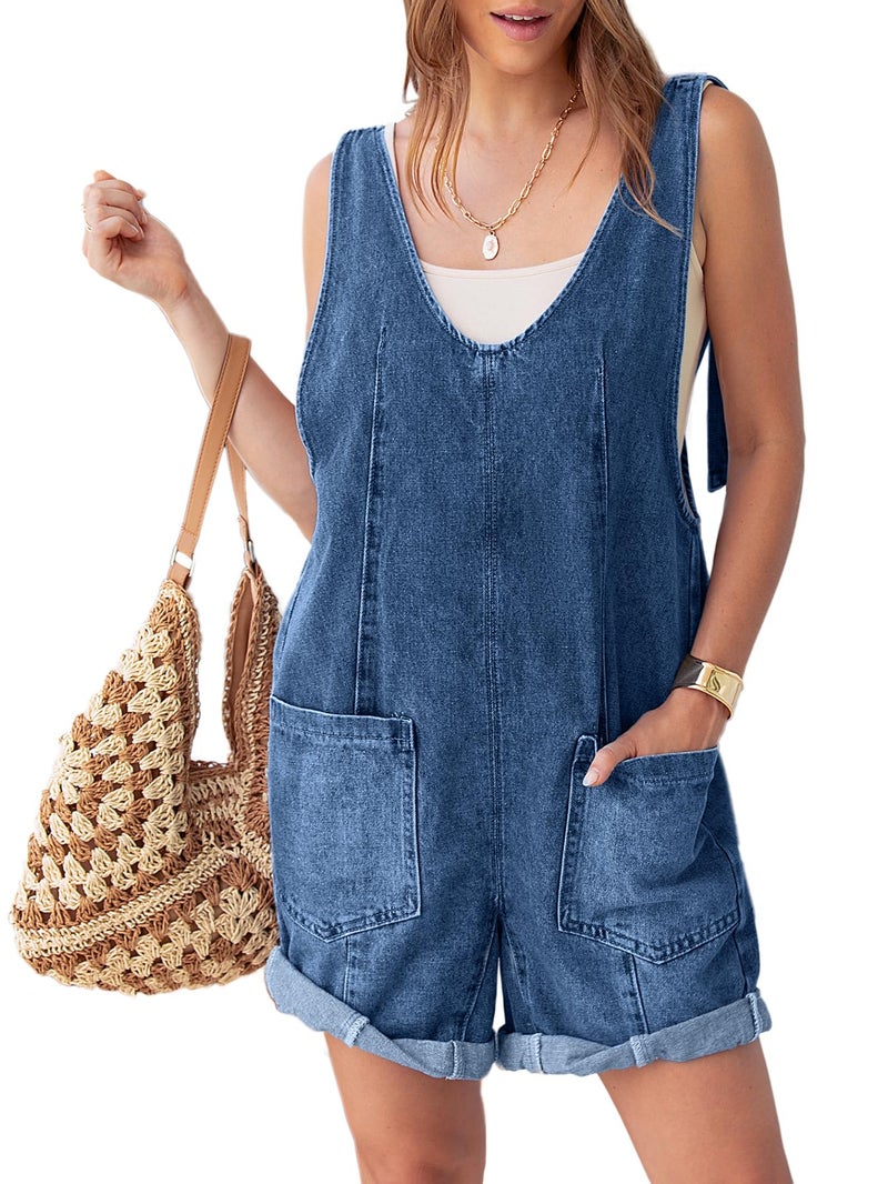 Glamaker Womens Casual Sleeveless V Neck Denim Romper Overall Shorts Summer Jean Romper Denim Outfit With Pocket(Dark Denim Blue M) - Image 1