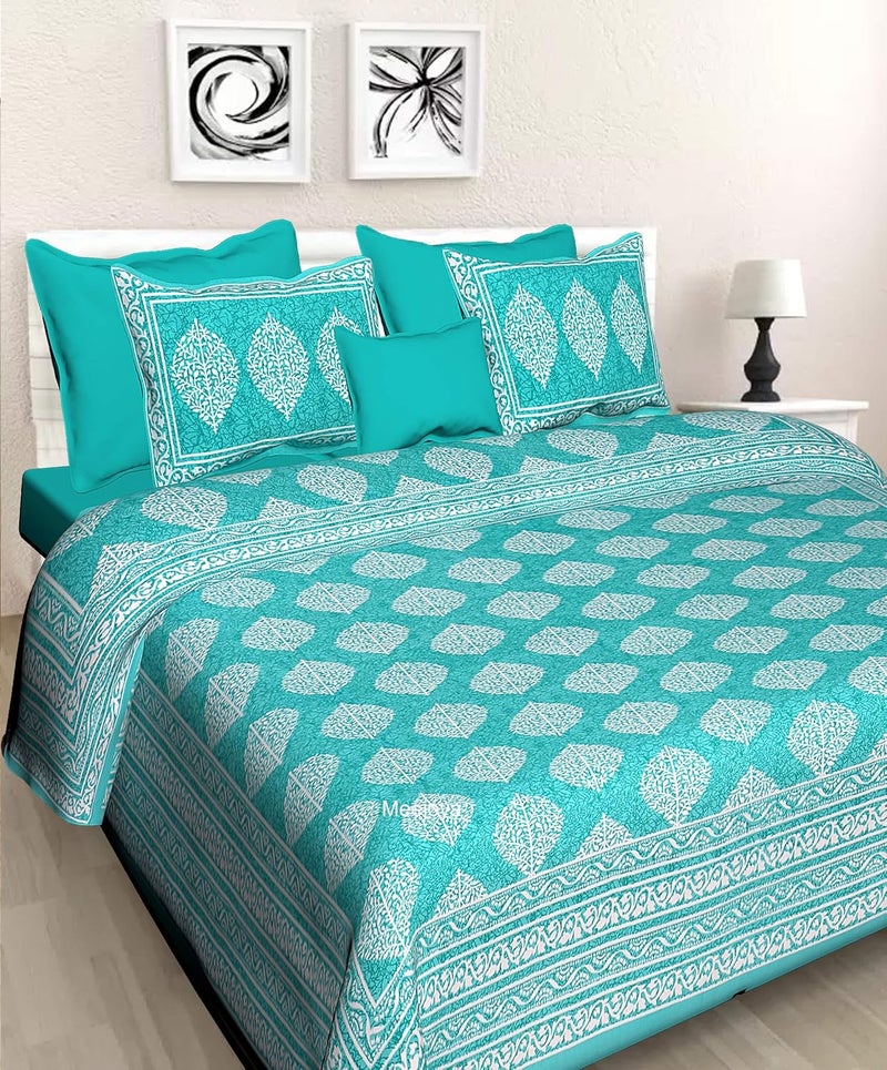 Meejoya 100 Cotton Rajasthani Jaipuri Traditional Double Bed Bedsheet with 2 Pillow Covers SeaGreen Queen Size - Image 1