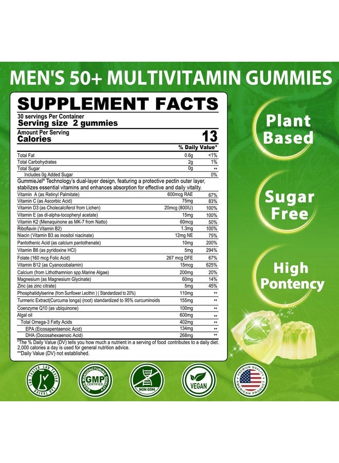 NEVISS Multivitamin For Men 50 + Plus, Sugar Free Men Multivitamins Gummies w/Omega-3, Coq10, D3k2, Calcium, Magnesium, Zinc, Vitamins A, C & E, Mens Vitamins for 𝖧𝖾❤𝖱𝗍, Antioxidant, Brain, Bone, 60cts - Image 2