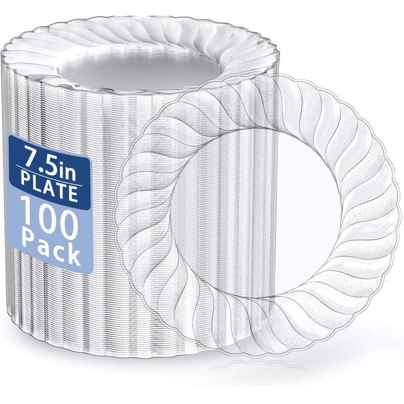 U-QE 100 Pieces Clear Plastic Plates - 7 Inch Plastic Dessert Plates Disposable - Washable & Reusable - Premium Hard Clear Fancy Disposable Heavy Duty Cake Platos for Party, Weddings and Events - Image 1
