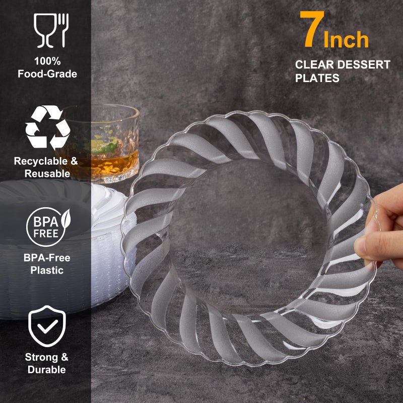 U-QE 100 Pieces Clear Plastic Plates - 7 Inch Plastic Dessert Plates Disposable - Washable & Reusable - Premium Hard Clear Fancy Disposable Heavy Duty Cake Platos for Party, Weddings and Events - Image 2