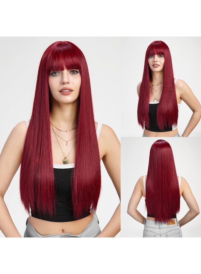 باروكات نسائية طويلة مستقيمة كاملة باللون الأحمر النبيذي