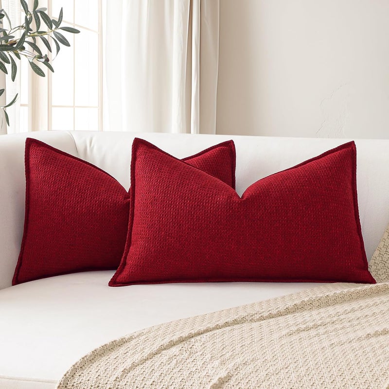 Sungeek Set of 2 Soft 3D Plaid Cushion Covers, Decorative Cushion Covers, Wrapped Edge Cushion Cover, Decorative Cushion Cover for Sofa, Couch, Bedroom, Living Room (Red, 30 x 50 cm) - Image 1